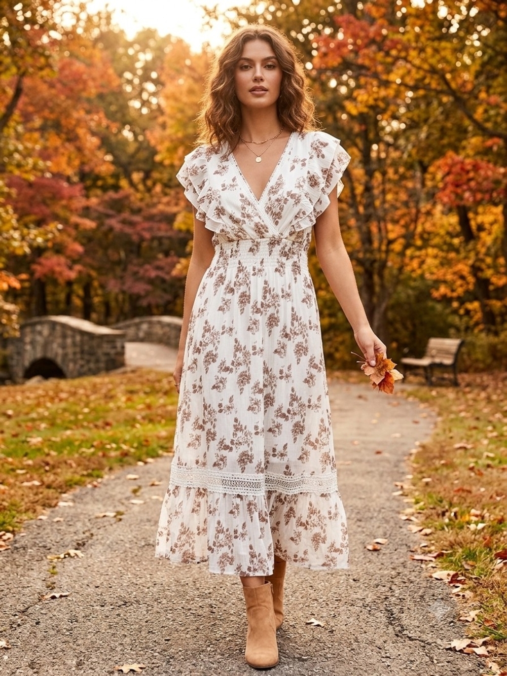 J Gee Smocked V-Neck Floral Maxi Dress in Cream
